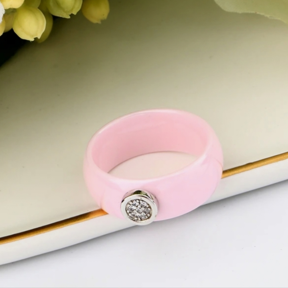 Pink Ceramic Band Ring with Pave CZ - Picture 2 of 8